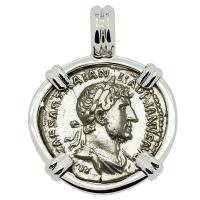 Roman Empire AD 119-122, Hadrian and Salus denarius in 14k white gold pendant.
