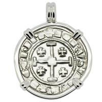 Cyprus 1324-1340, Gros Grand Crusader coin in 14k white gold pendant.