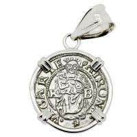 Hungarian dated 1539, Madonna and Child denar coin in 14k white gold pendant. 