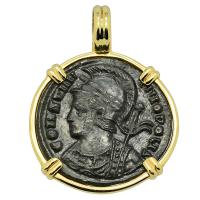 Roman Empire AD 332-333, Constantinopolis and Victory nummus in 14k gold pendant.