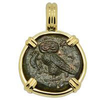 Greek Sicily 420-410 BC, Owl and Gorgon tetras in 14k gold pendant.