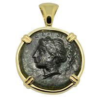 Greek 344-334 BC, Goddess of Love Aphrodite and Pegasus bronze coin in 14k gold pendant.