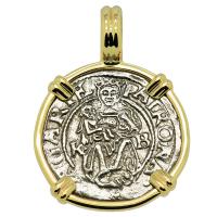 Hungarian dated 1536, Madonna and Child denar coin in 14k gold pendant. 