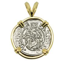 Hungarian dated 1531, Madonna and Child denar coin in 14k gold pendant. 