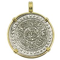 Buddhist Tibetan 1850-1880s, Ga-Den Tanka in 14k gold pendant.