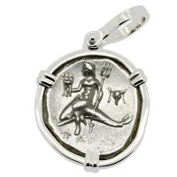 Greek - Italy 272-240 BC, Taras riding Dolphin and Horseman nomos in 14k white gold pendant.