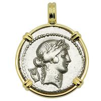 Roman Republic 42 BC, Apollo and Diana denarius in 14k gold pendant.