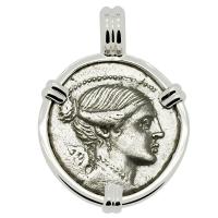 Roman Republic 108-107 BC, Victory and Mars denarius in 14k white gold pendant.