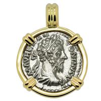 Roman Empire AD 179-180, Marcus Aurelius and Victory denarius in 14k gold pendant.