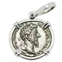 Roman Empire AD 168, Marcus Aurelius and Providentia denarius in 14k white gold pendant.