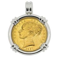 British Queen Victoria sovereign dated 1861 in 14k white gold pendant.