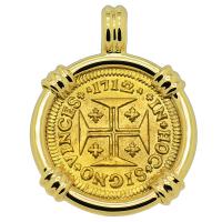 Portuguese 1000 Reis dated 1712, with cross and crown in 14k gold pendant.