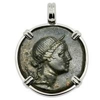 Greek 125-100 BC, Goddess of Women Artemis bronze coin in 14k white gold pendant.