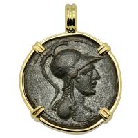 Antioch 21-20 BC, Athena and Nike bronze coin in 14k gold pendant.