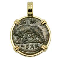 Roman Empire AD 330-336, She-Wolf Suckling Twins nummus in 14k gold pendant. 
