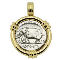 Roman Republic 81 BC, Elephant and Pietas denarius in 14k gold pendant. 