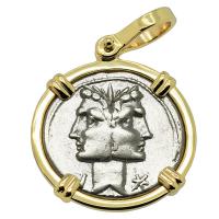 Roman Republic 114-113 BC, Janiform Dioscuri and Galley denarius in 14k gold pendant.