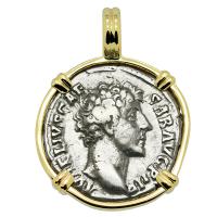 Roman Empire AD 145-147, Marcus Aurelius as Caesar and Honos denarius in 14k gold pendant.