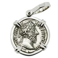 Roman Empire AD 169-170, Marcus Aurelius and Salus denarius in 14k white gold pendant.