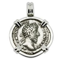 Roman Empire AD 165, Marcus Aurelius and Felicitas denarius in 14k white gold pendant.
