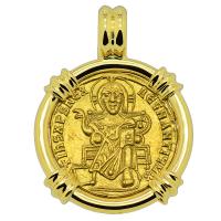 Byzantine 871-886, Jesus Christ with Basil I and Constantine solidus in 18k gold pendant.