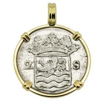 Dutch 2 stuivers dated 1730 in 14k gold pendant.
