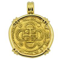 Spanish 2 escudos Doubloon 1566-1590, in 18k gold pendant.