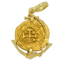 Spanish 2 escudos Doubloon 1598-1613, in 14k gold anchor pendant.