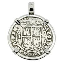 Colonial Spanish Mexico, Johanna and Charles I one real 1548-1553, in 14k white gold pendant.