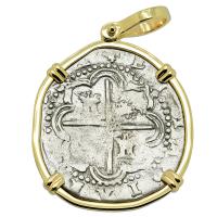 Colonial Spanish Peru, King Philip II two reales 1589-1598, in 14k gold pendant.