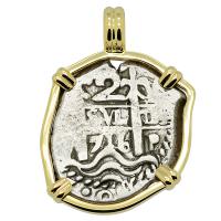 Colonial Spanish Peru, King Philip V two reales dated 1716 in 14k gold pendant.