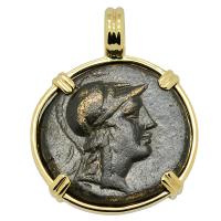 Greek 160-110 BC, Athena and trophy bronze coin in 14k gold pendant.
