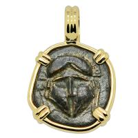 Greek 400-350 BC, Corinthian Helmet bronze coin in 14k gold pendant.