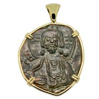 Byzantine 1025-1028, bronze follis in 14k gold pendant.