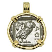 Greek 454-404 BC, Owl and Athena tetradrachm in 14k gold pendant.