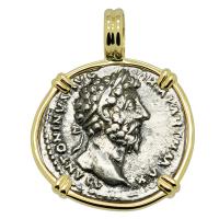 Roman Empire AD 166-167, Marcus Aurelius and Providentia denarius in 14k gold pendant.