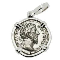 Roman Empire AD 171-172, Marcus Aurelius and Mars denarius in 14k white gold pendant.