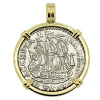 Dutch 6 stuivers ship shilling, dated 1791 in 14k gold pendant.