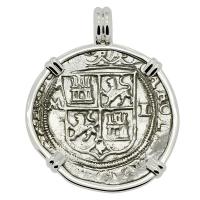 Colonial Spanish Mexico, Johanna and Charles I two reales 1548-1553, in 14k white gold pendant.
