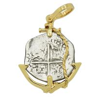Colonial Spanish Peru, King Philip III two reales 1598-1610, in 14k gold anchor pendant.