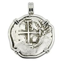 Colonial Spanish Peru, King Charles II two reales dated 1690, in 14k white gold pendant.