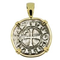 Antioch 1163-1188, Crusader Cross denier in 14k gold pendant.