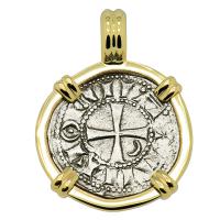 Antioch 1163-1188, Crusader Cross denier in 14k gold pendant.