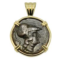 Greek 277 - 239 BC, Athena and Pan bronze coin in 14k gold pendant.