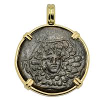 Greek 120-65 BC, Medusa and Nike bronze coin in 14k gold pendant.