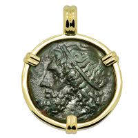 Greek 261-240 BC, Poseidon and Trident tetras in 14k gold pendant.
