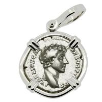 Roman Empire AD 140-144, Marcus Aurelius as Caesar denarius in 14k white gold pendant.