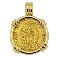 Venice 1343-1354, Jesus Christ and Saint Mark ducat in 14k gold pendant.
