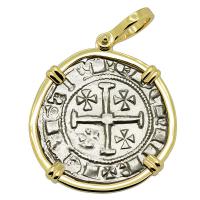 Cyprus 1285-1324 Henry II, last ruling King of Jerusalem, gros grand Crusader coin in 14k gold pendant.