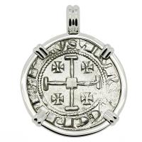 Cyprus 1324-1359, gros grand Crusader coin in 14k white gold pendant.